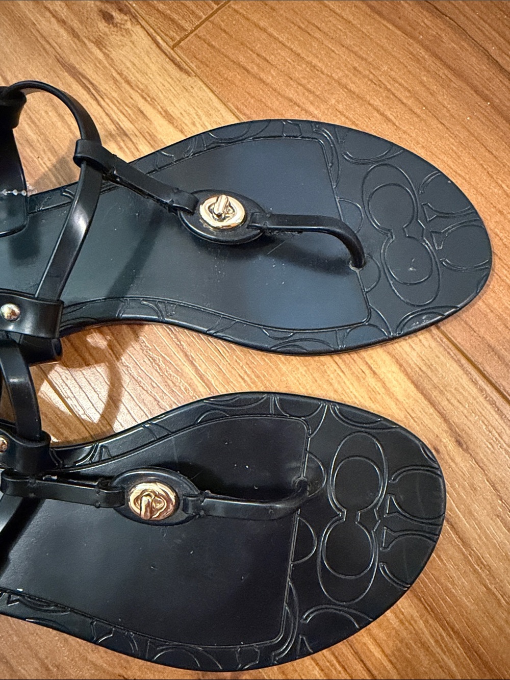 Coach Black Logo-Embossed T-Strap Sandals - Picture 3 of 5